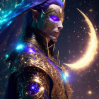 Fantasy figure in golden armor with purple cloak against cosmic backdrop