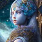 Fantastical character with pale blue skin and golden headdress in floral attire against starry backdrop