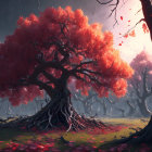 Vibrant tree illustration with red leaves, roots, fallen foliage, dusky sky