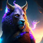 Mythical purple lion with glowing eyes and ornate horns on fiery backdrop