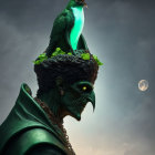 Fantastical green-skinned figure with horns and dragon jewelry illustration