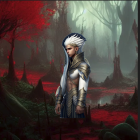 White-haired stoic figure in red and white armor with twin-headed dragon in mystical landscape