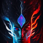 Symmetrical female face digital artwork with blue and red flames and purple hourglass