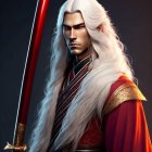 Animated character with long white hair holding red-bladed sword in traditional warrior outfit