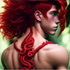 Digital artwork: Person with red tentacle-like hair and glowing eye in misty forest