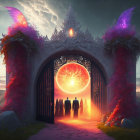 Ornate gate leading to misty crimson-lit landscape with distant illuminated structure