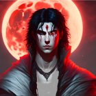 Brooding male figure with red eyes under blood-red moon