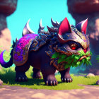 Purple-furred armored beast with green eyes in vibrant rocky landscape