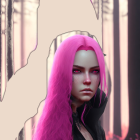 Digital art portrait of female figure with pink hair and green eyes in mystical forest setting.