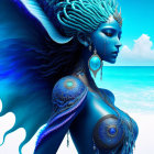 Mystical blue female figure with ornate patterns and ocean background