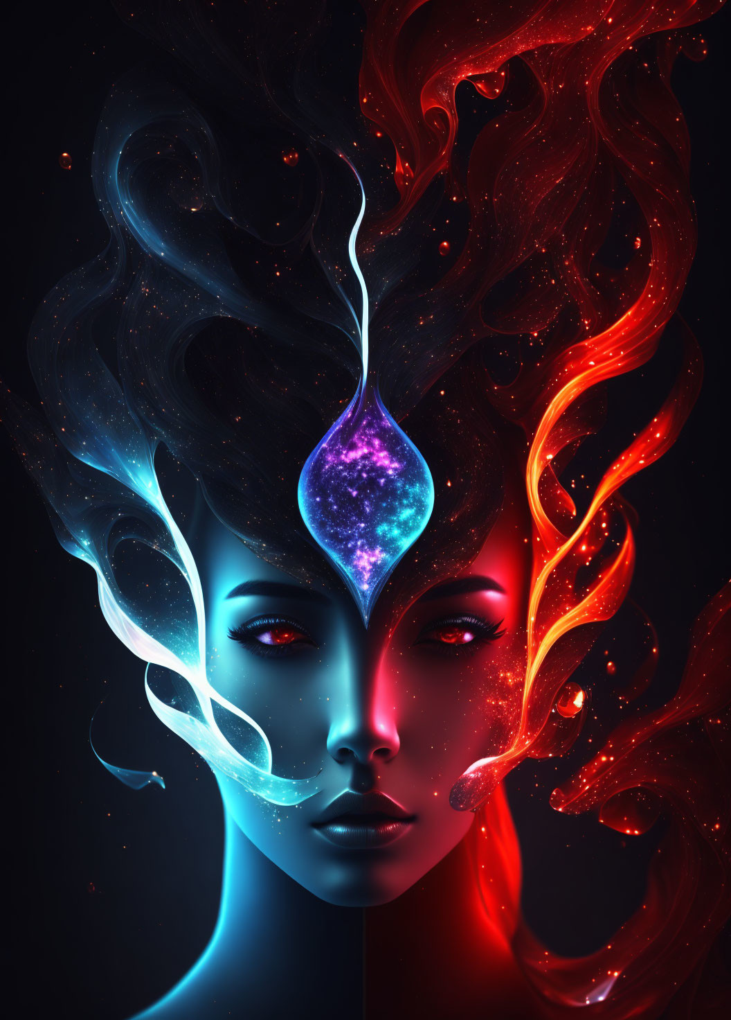 Symmetrical female face digital artwork with blue and red flames and purple hourglass