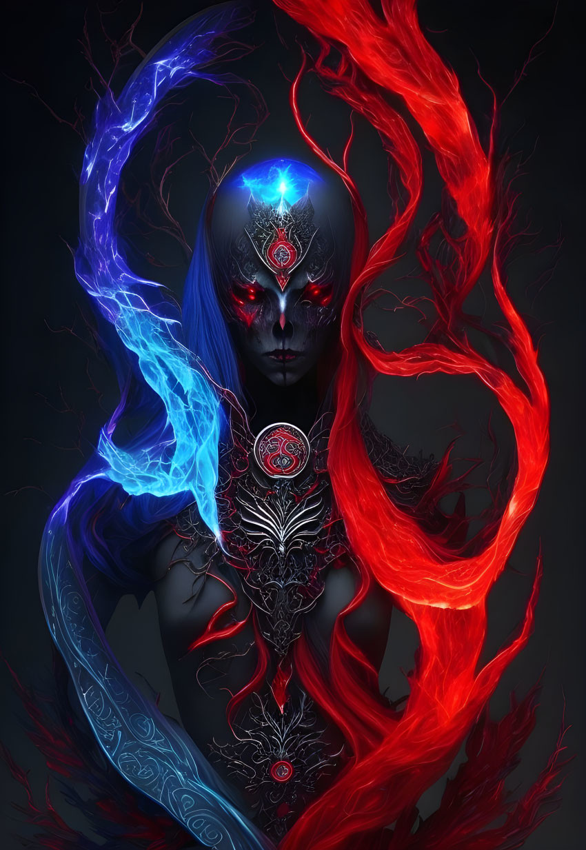 Blue-skinned fantastical figure in ornate silver and red armor with glowing symbols.