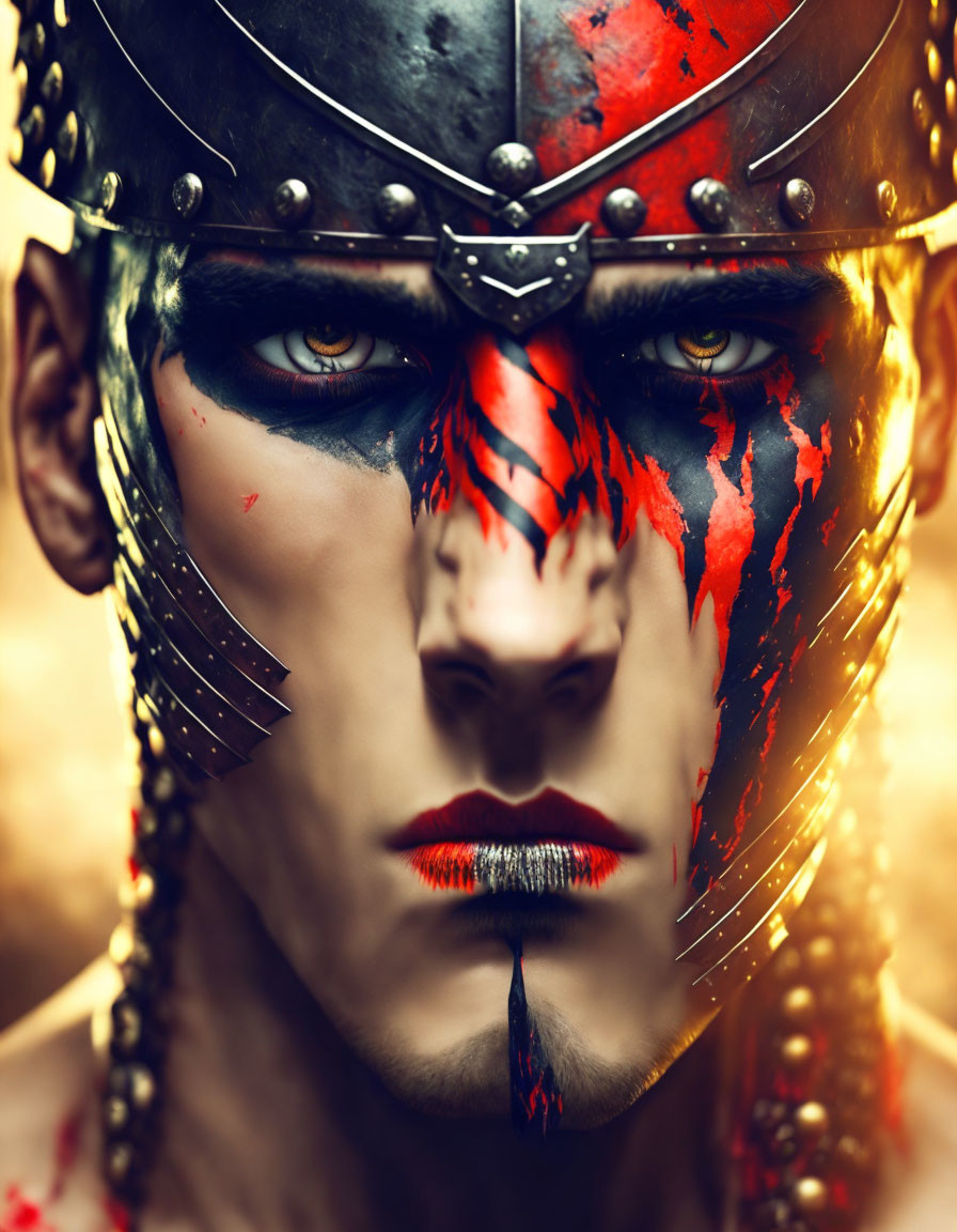 Intense red and black face paint with yellow eyes and spiked helmet