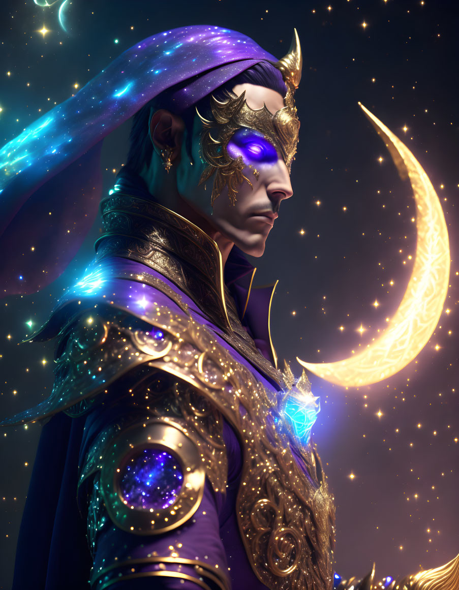 Fantasy figure in golden armor with purple cloak against cosmic backdrop