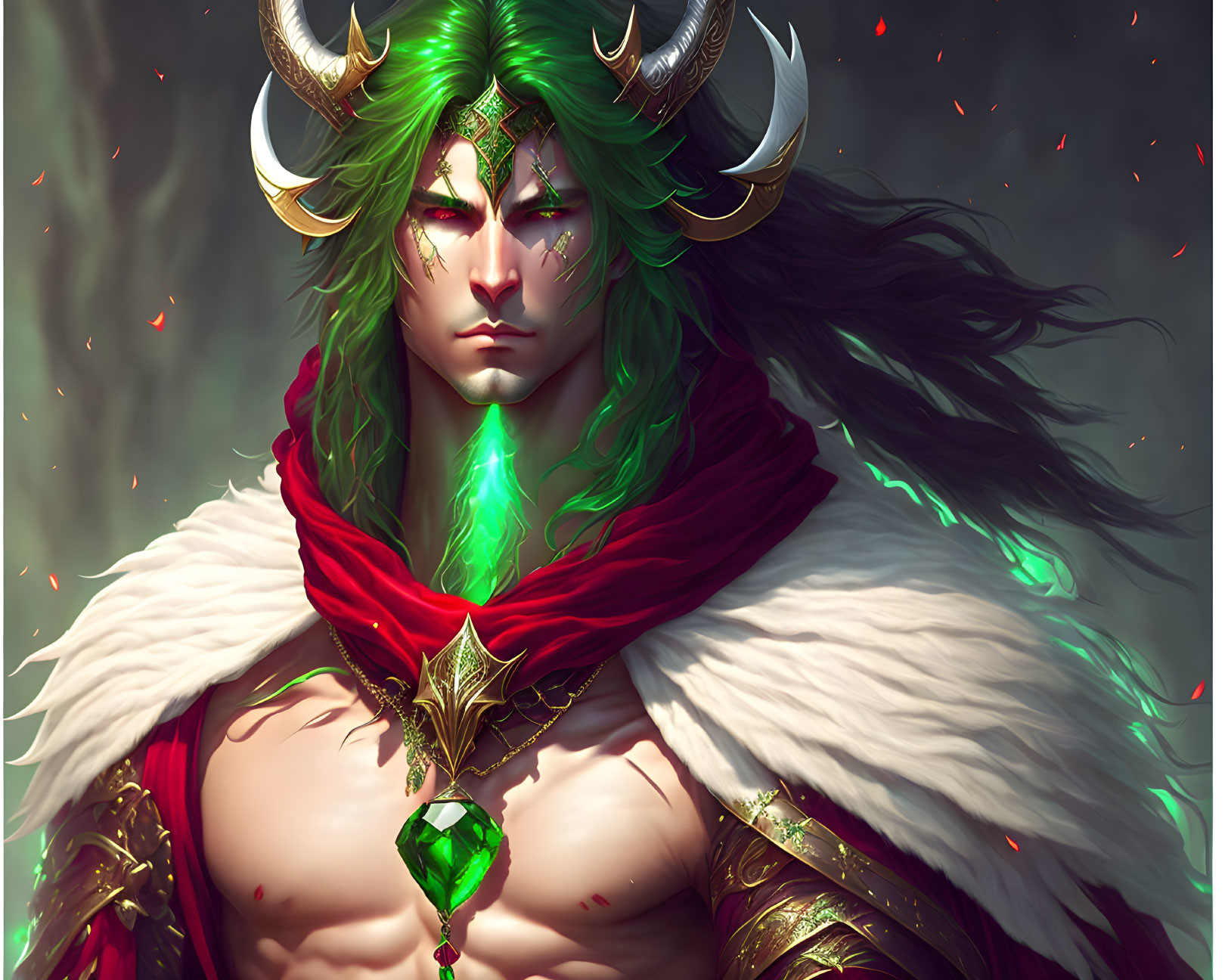 Fantasy character with green skin, white horns, black hair, and glowing pendant in red cloak.