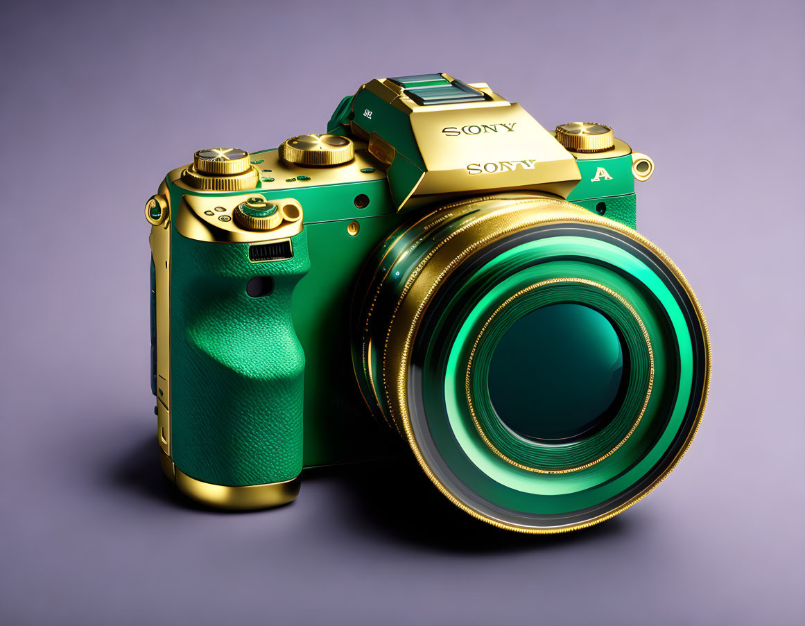 Green and Gold Sony Alpha Camera with Large Lens and Golden Dials on Purple Background