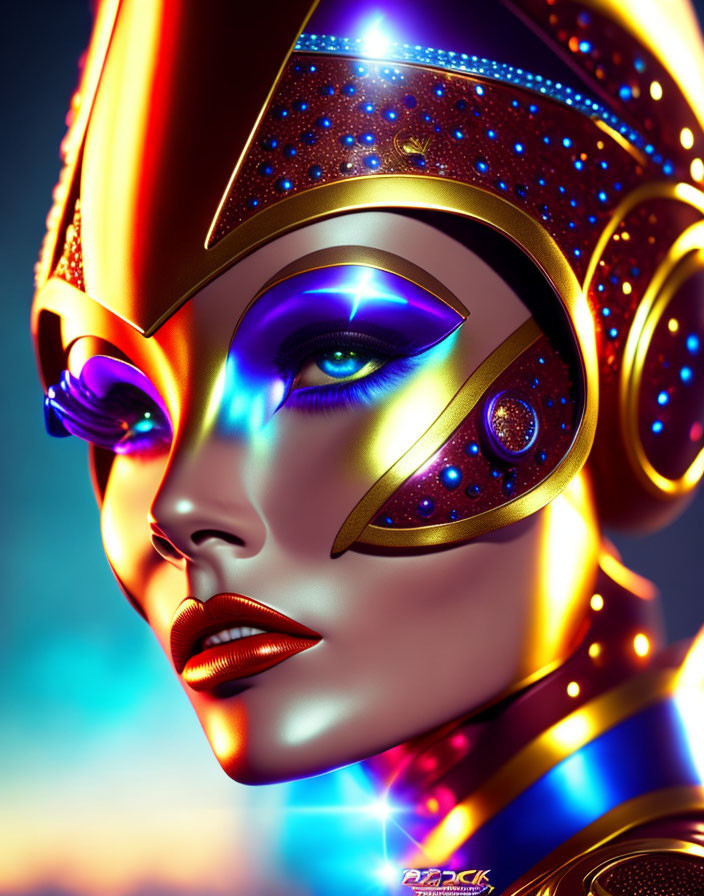 Colorful Portrait of Female Figure with Futuristic Golden Helmet