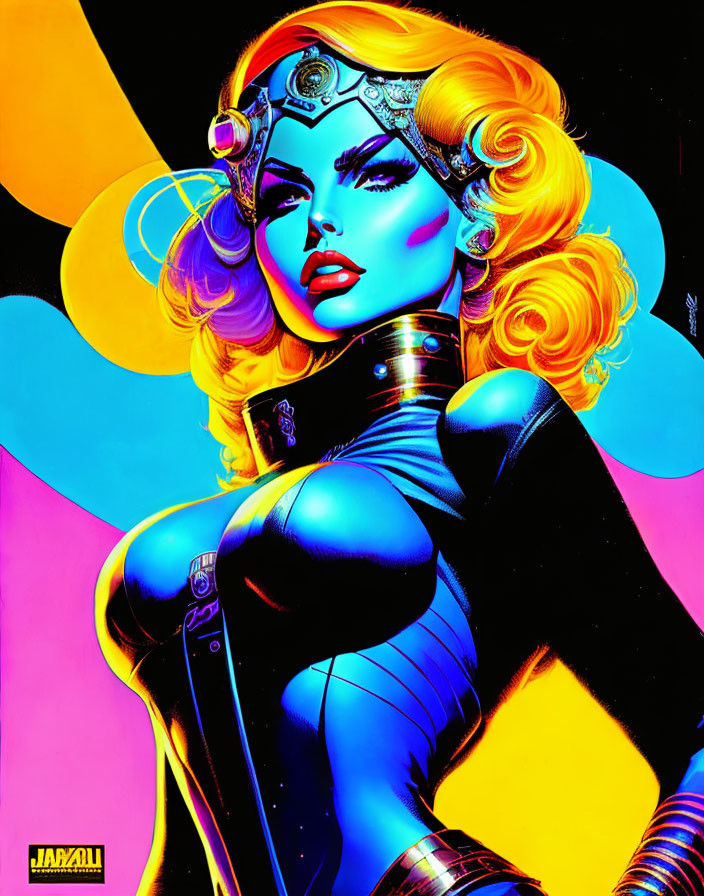 Colorful Illustration of Female Superhero with Golden Hair in Black Suit on Psychedelic Background