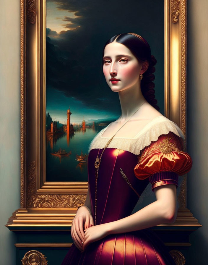 Portrait of Woman in Burgundy Dress Near Landscape Painting with Renaissance Aesthetic