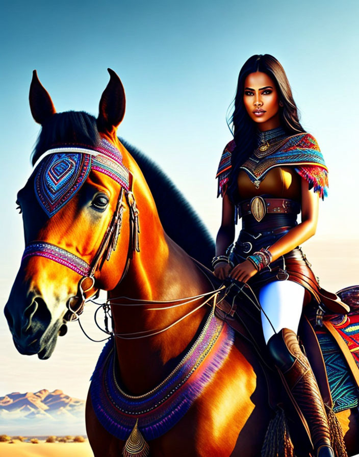 Digital artwork of woman in tribal attire with horse in desert.