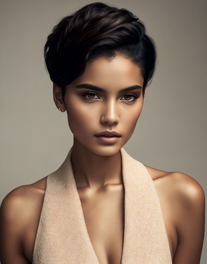 Dark-haired woman in short wavy cut with captivating eyes and subtle makeup in textured beige garment