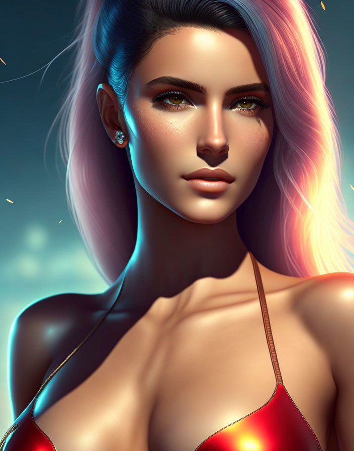 Digital portrait: Female with ombré hair (brunette to pink), glowing skin, green