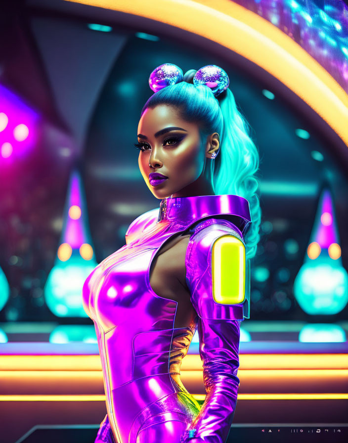 Blue-haired woman in futuristic purple outfit against neon-lit sci-fi backdrop