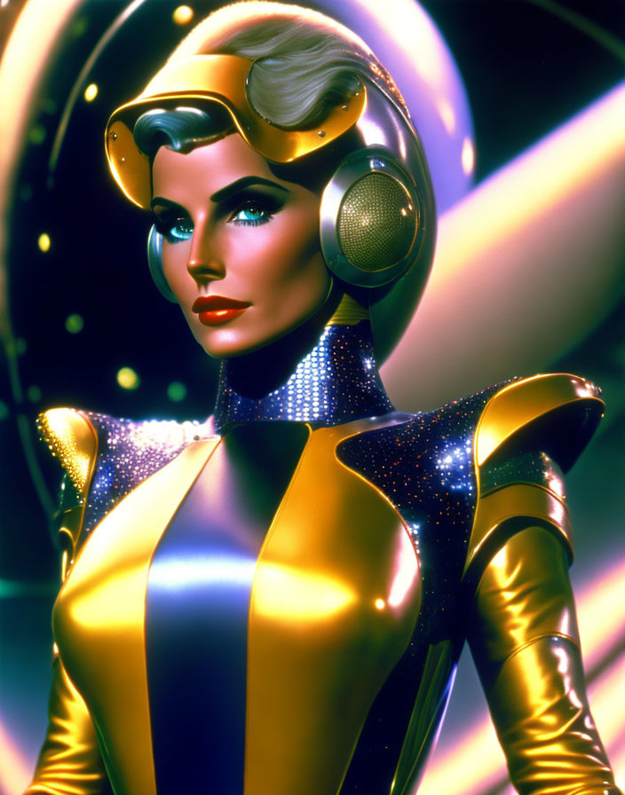 Metallic-skinned female figure in gold-and-blue suit with helmet and headphones on abstract light background