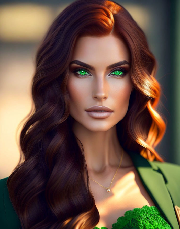 Portrait of woman with green eyes, auburn hair, and green blazer in soft lighting