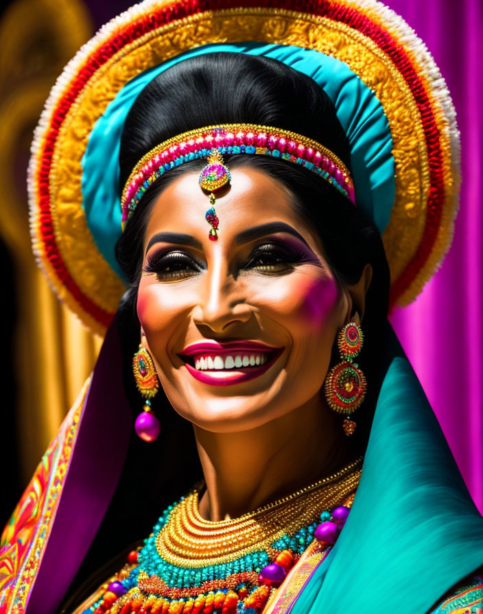 Traditional Indian Attire Woman Smiling in Vibrant Makeup