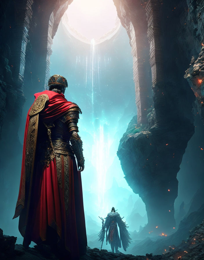 Regal figure in red cape gazes under ethereal light in rocky landscape