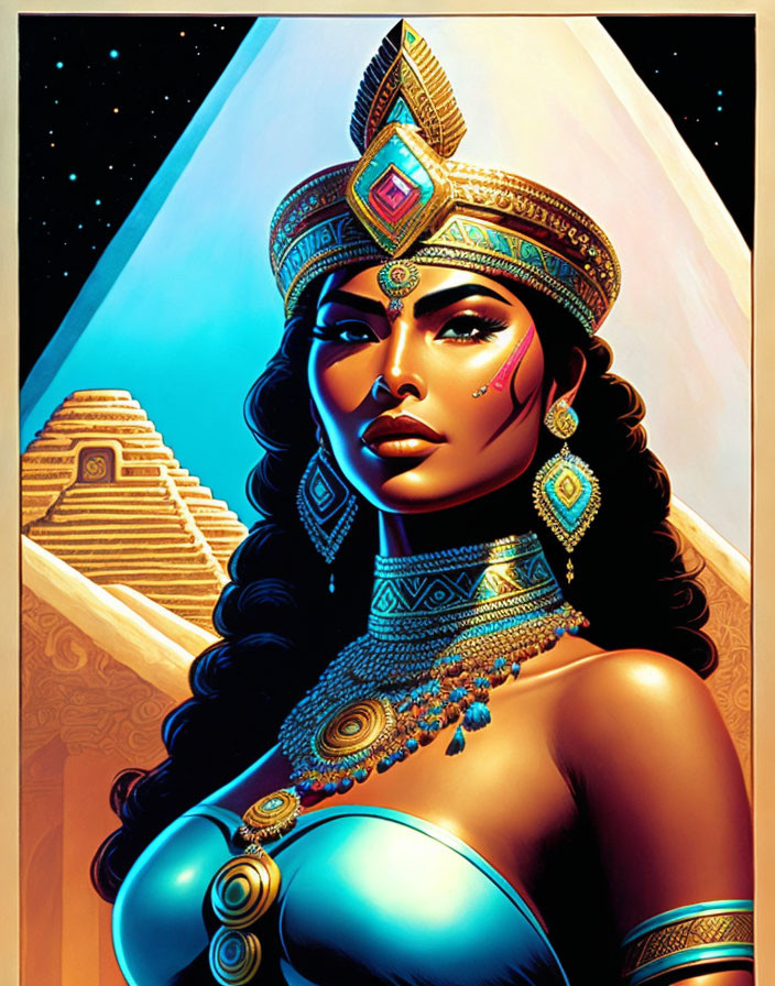 Stylized woman with jewelry and headdress in Egyptian setting