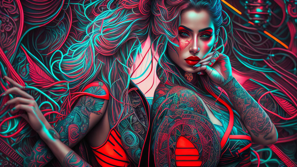 Colorful Cyberpunk Woman with Tattoos and Elaborate Hair in Red and Blue