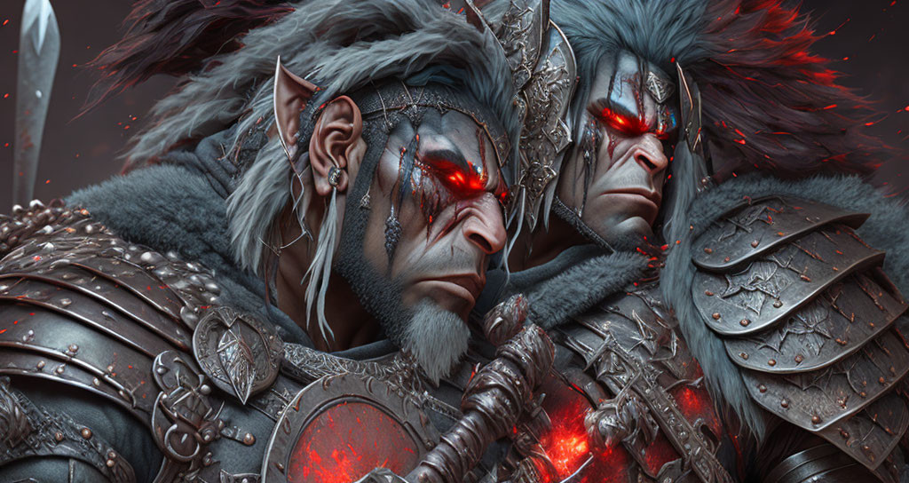 Fantasy warriors with wolf-like features in ornate armor and glowing red eyes