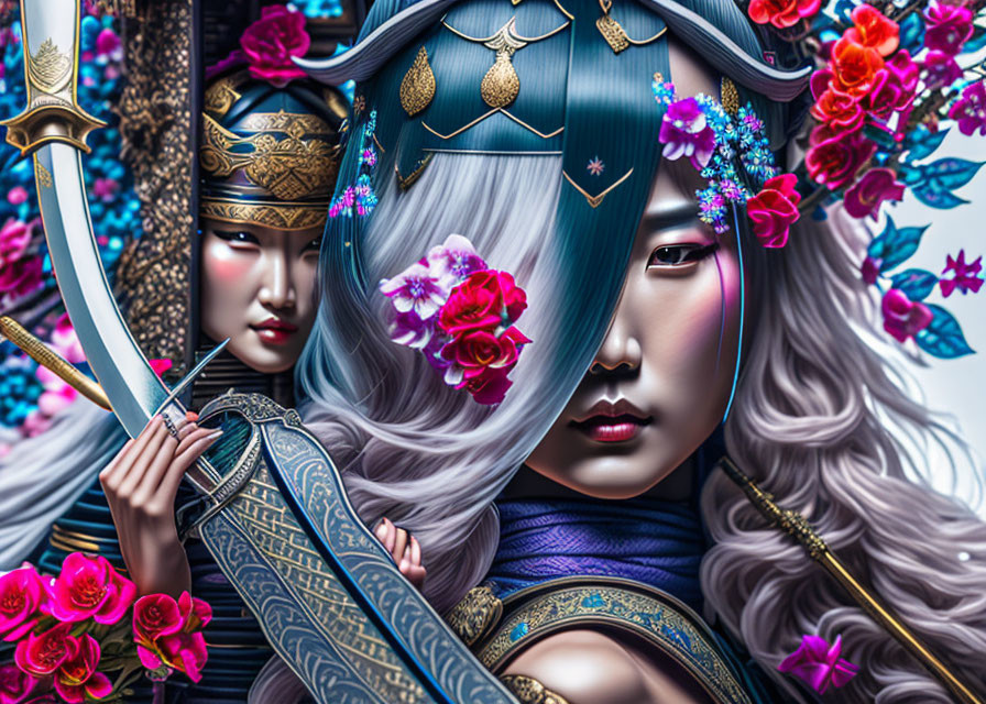 Stylized women in intricate armor and headdresses with sword, surrounded by vibrant flowers