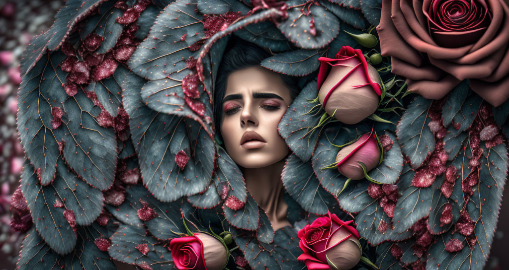 Woman's face surrounded by botanical leaves and pink roses.