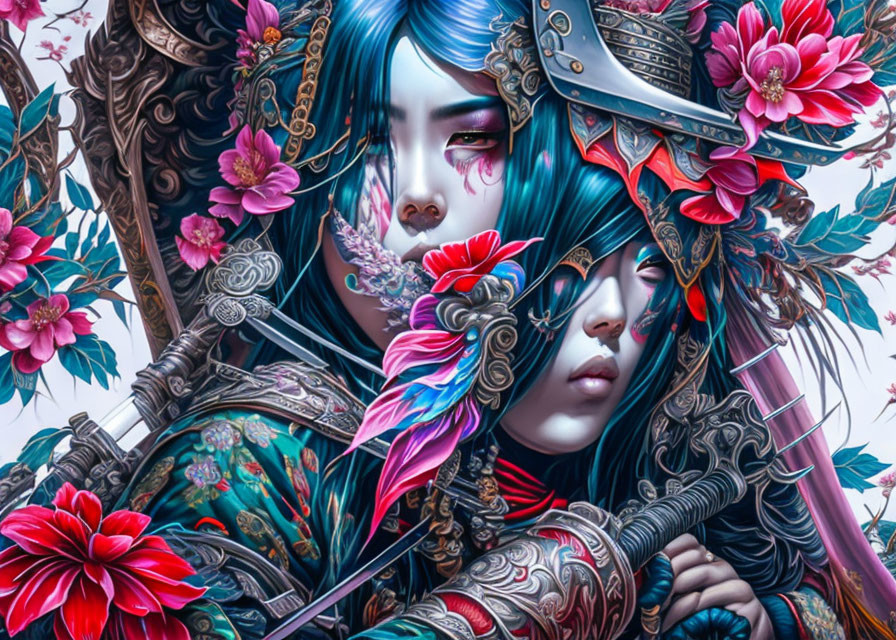 Fantastical illustration: Two characters in blue hair, intricate armor, and red flowers.