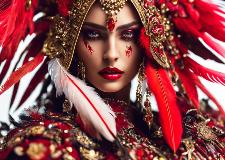 Ornate red and gold headdress woman with feathers and jewelry