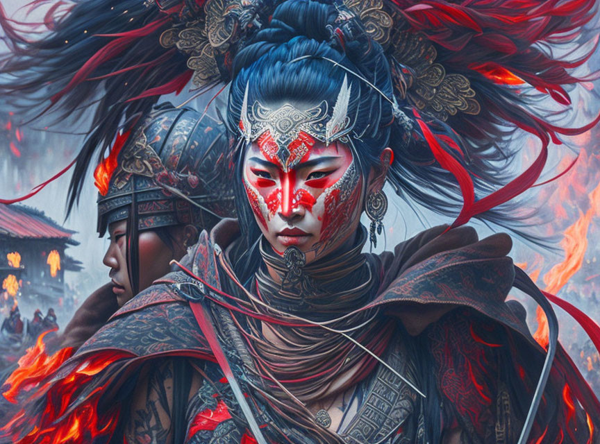 Female warrior in red and black armor on fiery battlefield