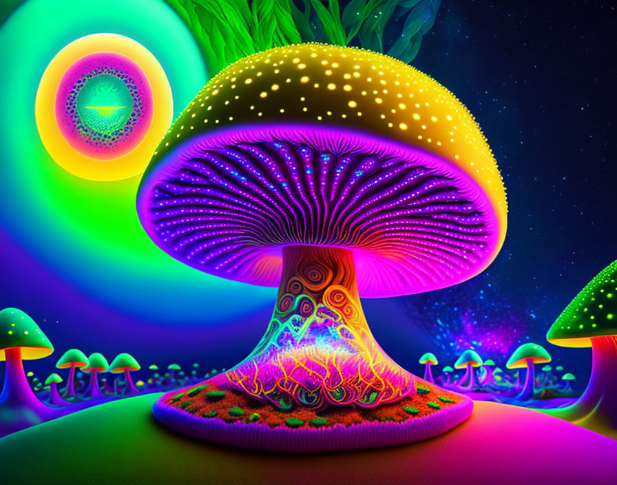 Colorful Psychedelic Mushroom Artwork on Vibrant Background