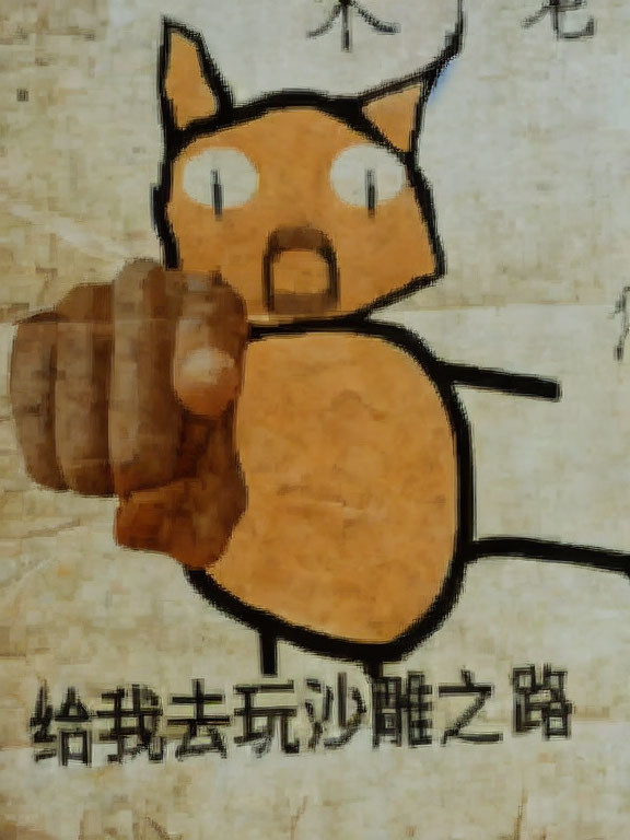 Fox-themed character holding wooden object with Asian script background