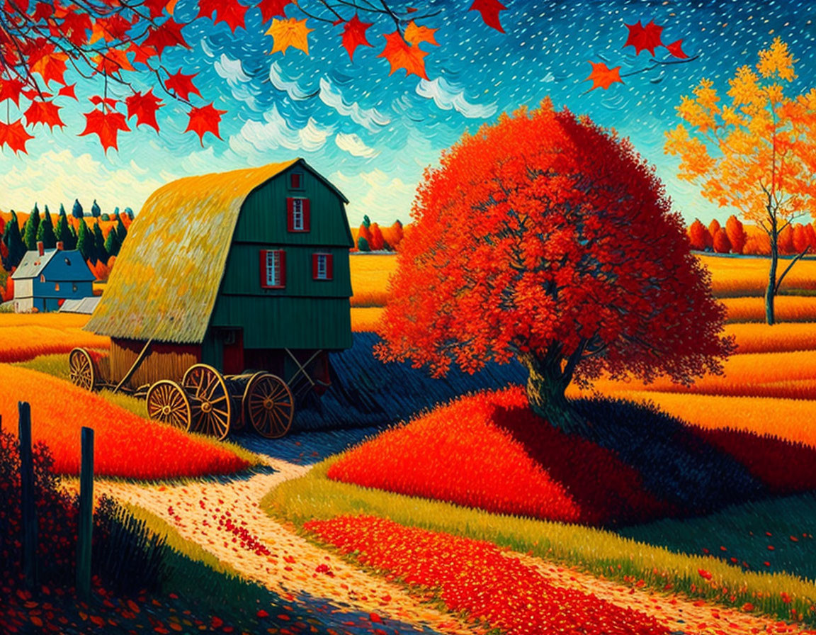 Vibrant autumn scene with green barn, red and orange trees, and falling leaves