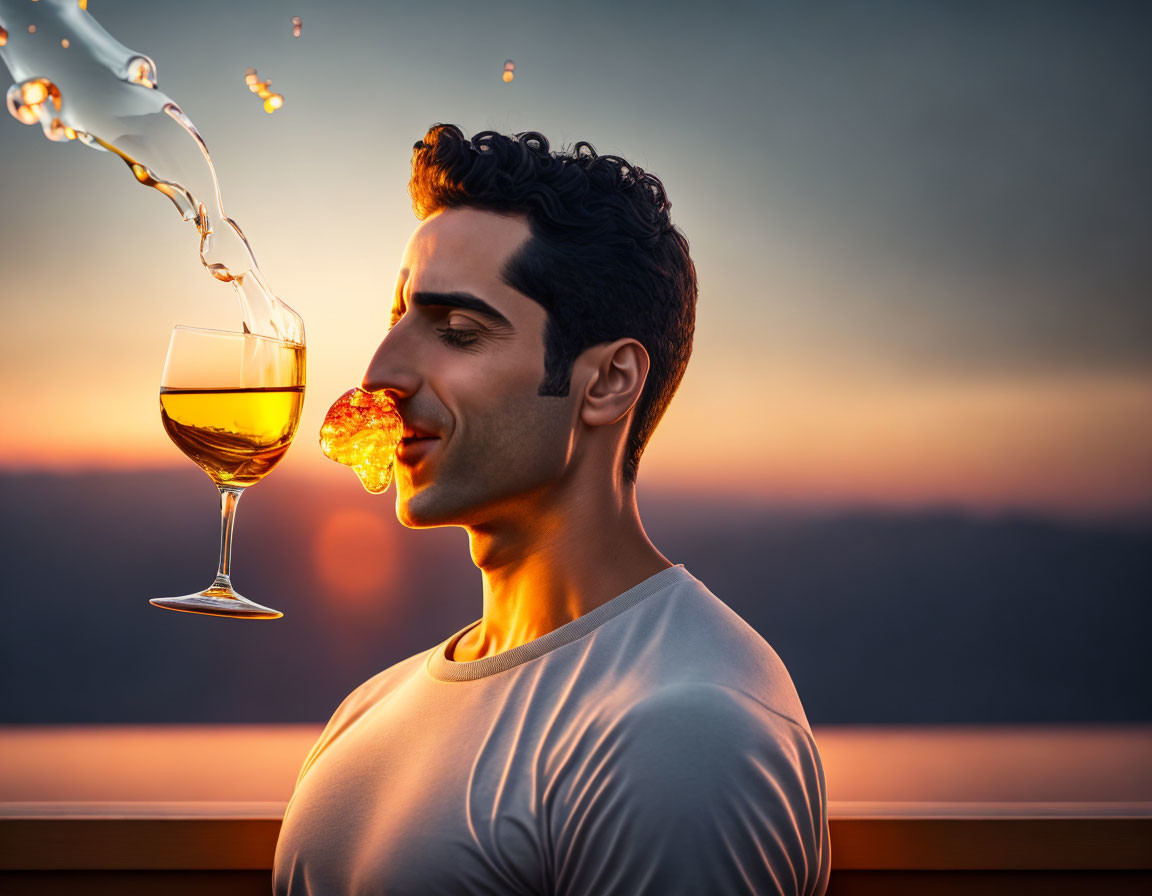 Man smiling with wine glass poured at sunset.