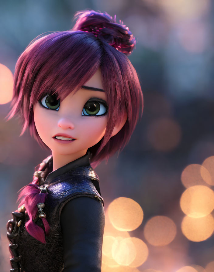 Purple-haired 3D animated character in black outfit with large green eyes on warm bokeh background