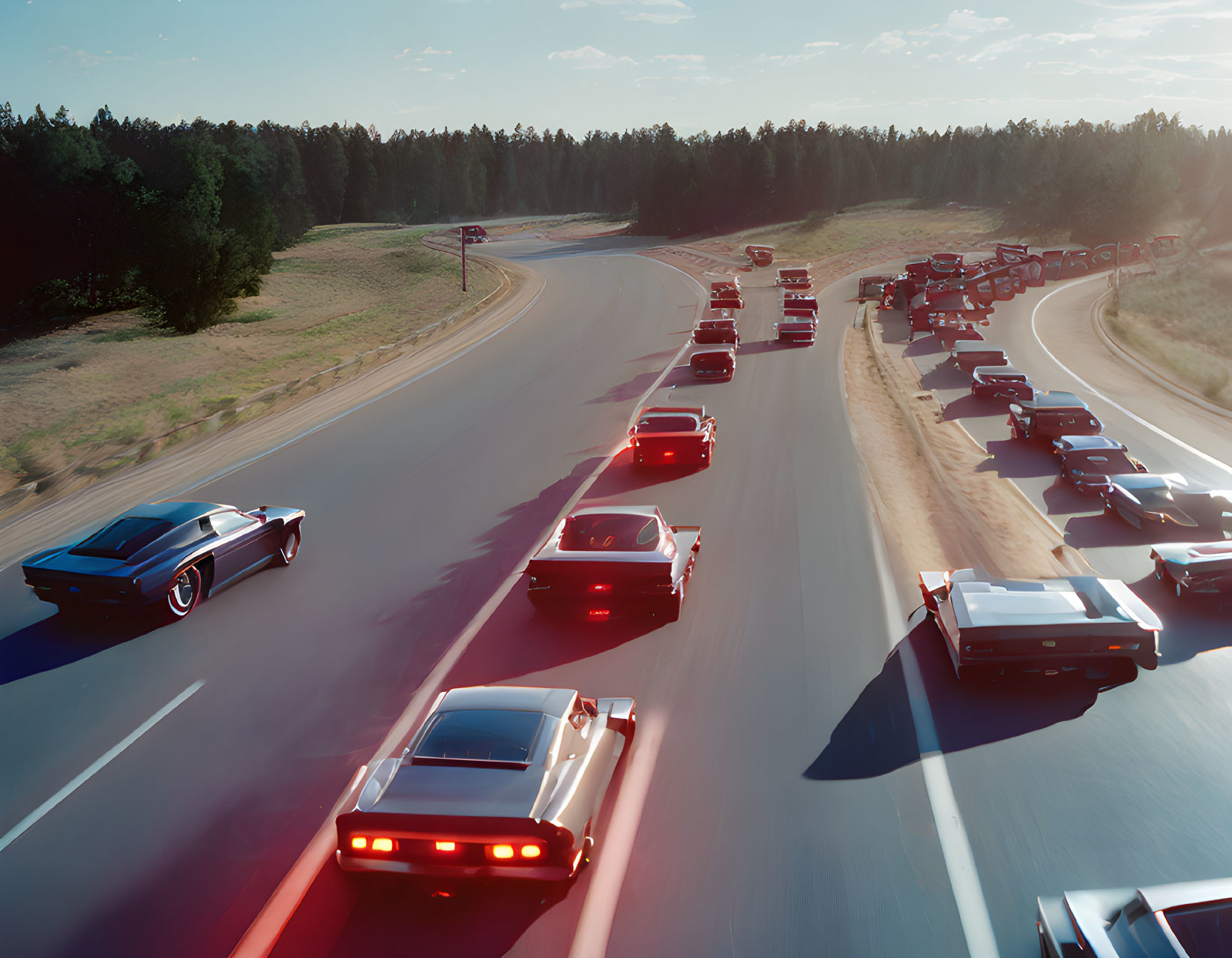 Classic cars driving on sunny forest-lined highway