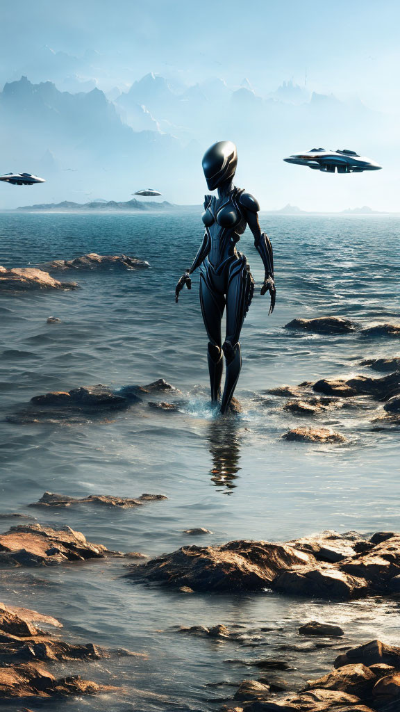 Futuristic figure in sleek suit on water with UFOs and mountains