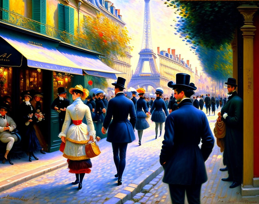 Vibrant painting of 19th-century Parisian street with Eiffel Tower