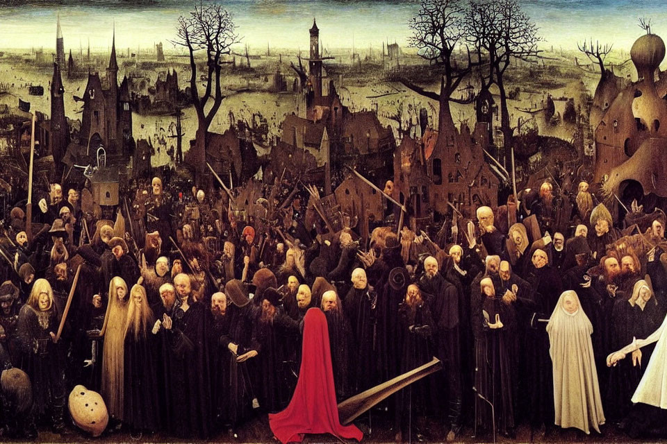 Medieval painting of robed figures with crosses in eerie landscape