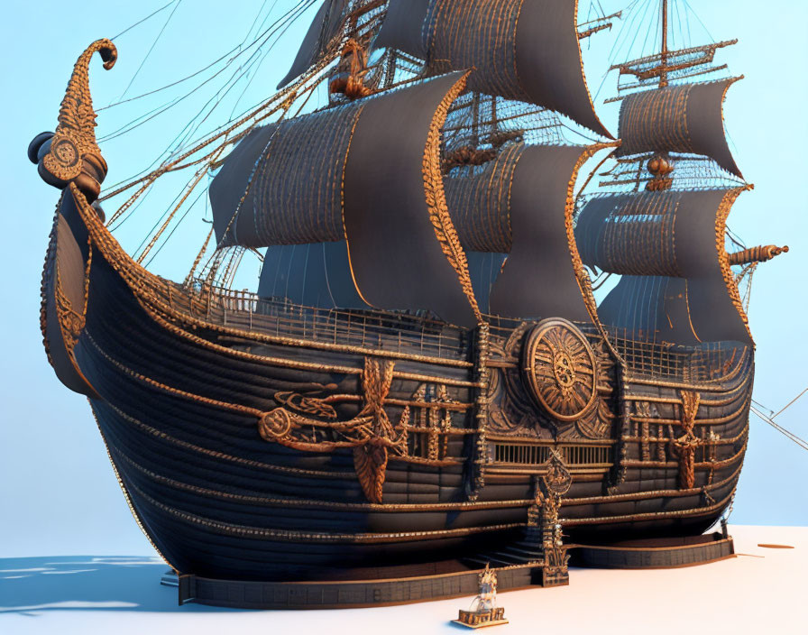 Detailed 3D model of an old sailing ship with multiple sails, intricate rigging, and orn