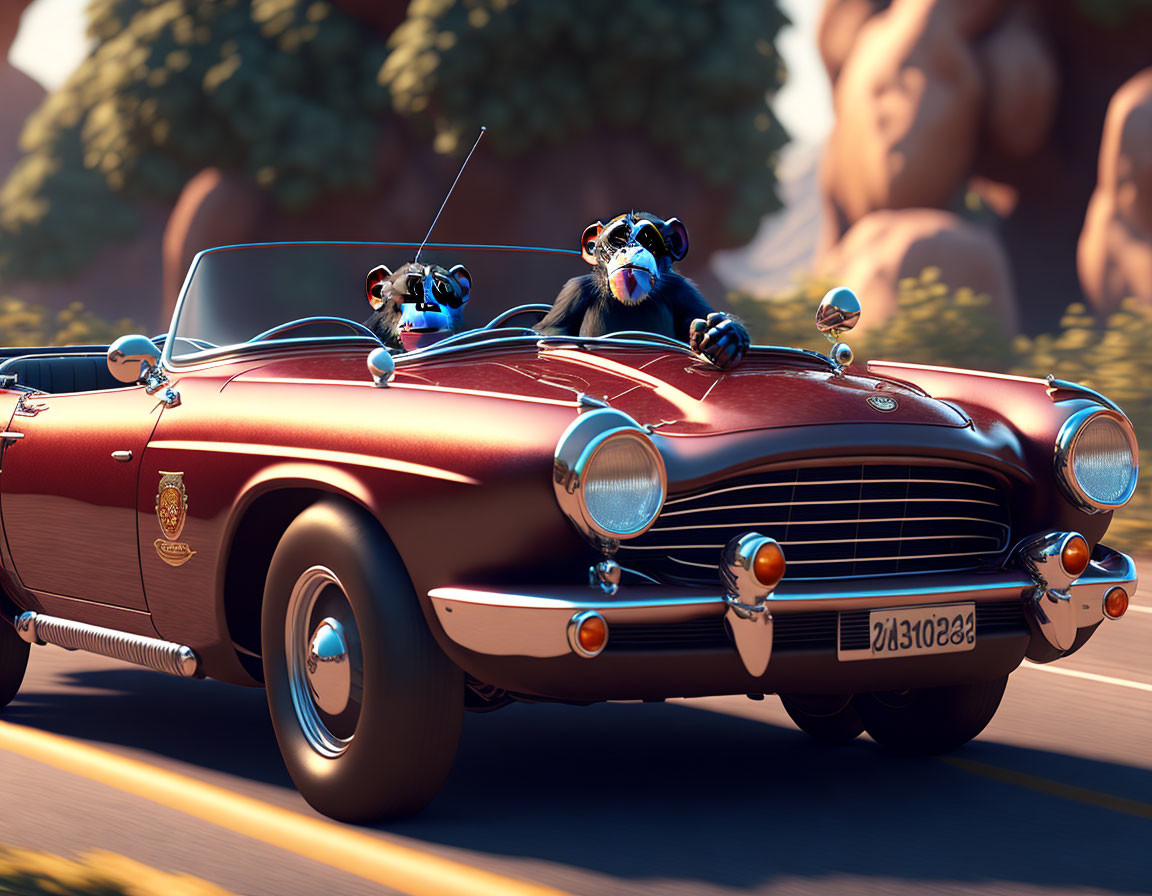 Animated raccoons in goggles driving convertible car on sunny road